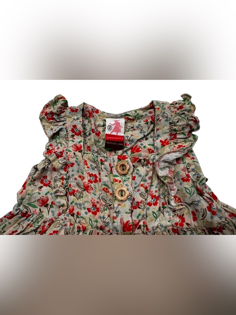Matilda Jane 12M floral dress Boho cottage twirl ruffle scalloped wood buttons - Picture 2 of 8